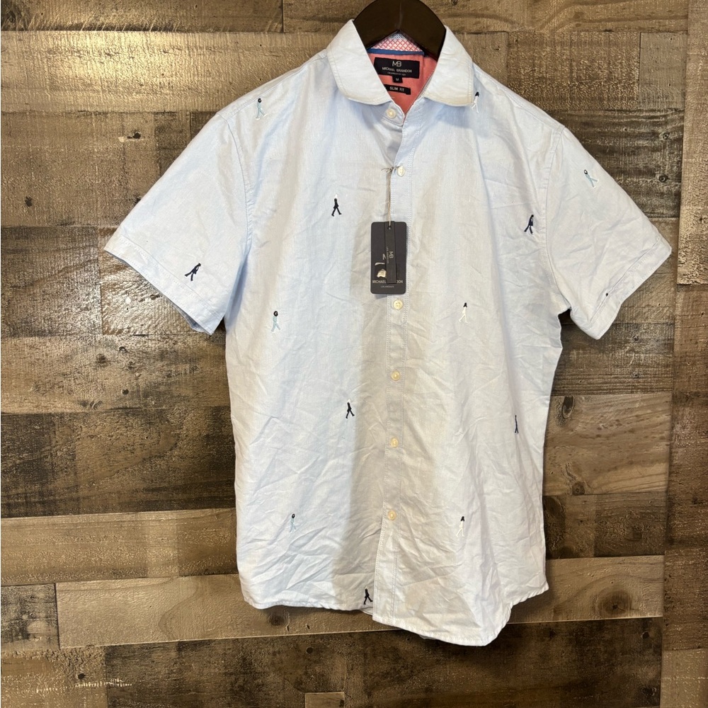 Michael Brandon “The Beatles”Light Blue Short-Sleeve Embroidered Button-Up Shirt